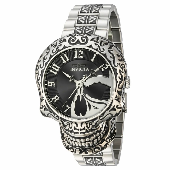 Invicta Silver and Black Skull Motif Bracelet Watch